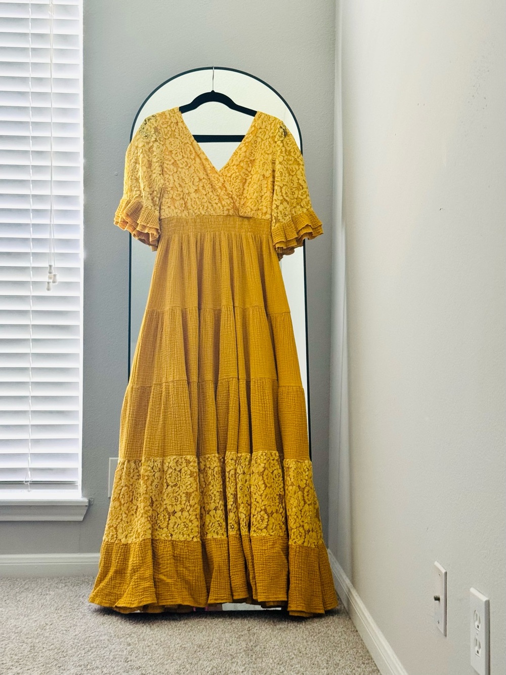 Bohemian Hippie Festival Mustard Yellow Summer Maxi Dress Cotton Gauze Lace Sz S